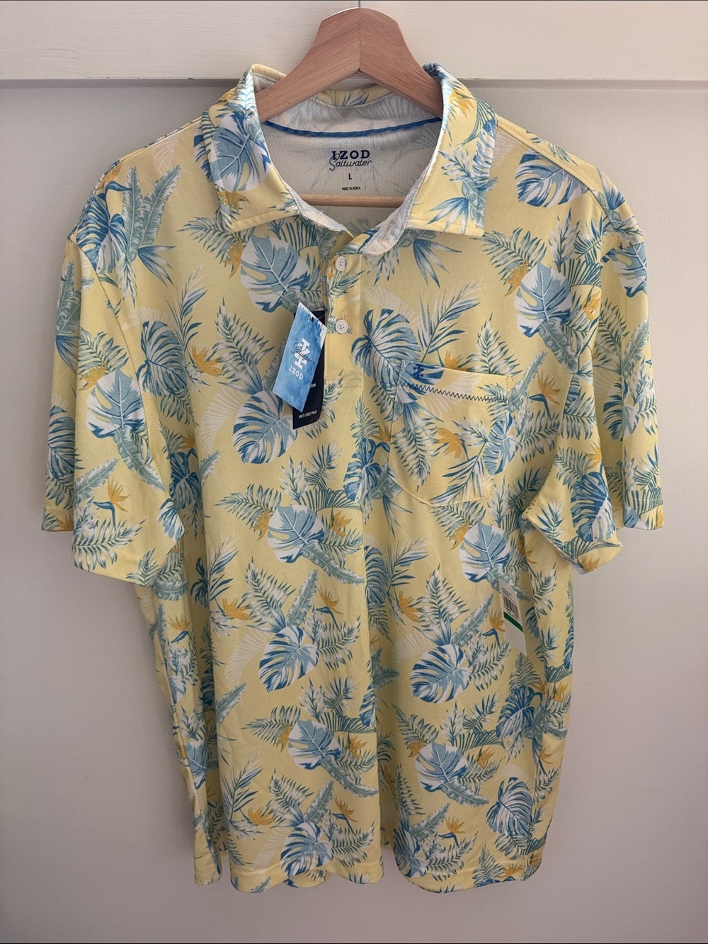 NWT IZOD Saltwater Tropical Print Polo Shirt Men’s Size L UPF 30 Wicking